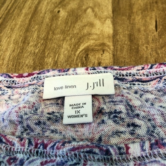 J Jill Love Linen Short Sleeve T Shirt Pink Purple Bohemian Pattern Size 1X Crop - Picture 4 of 7